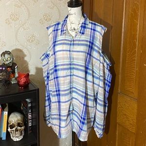 Cold Shoulder Plaid Button Down Plus Size